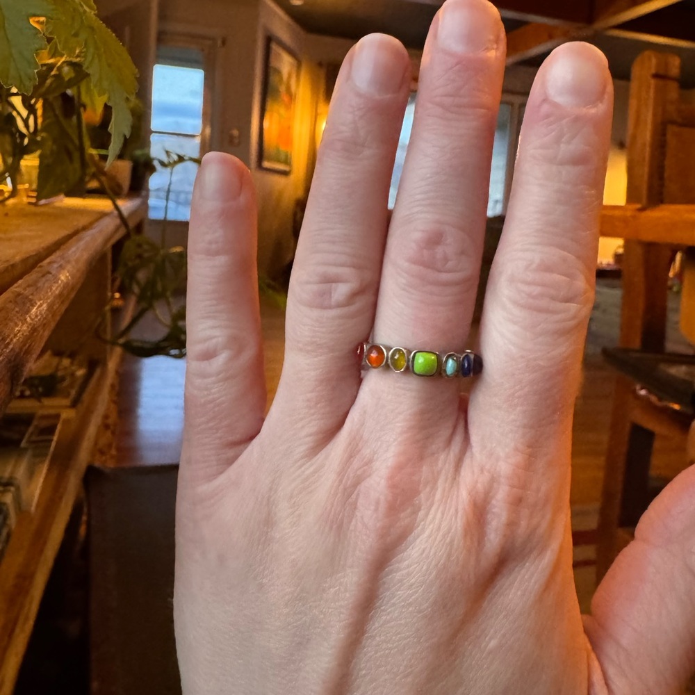 Sterling Silver Multi-Stone Rainbow Ring – Vintage Southwest Style - Size